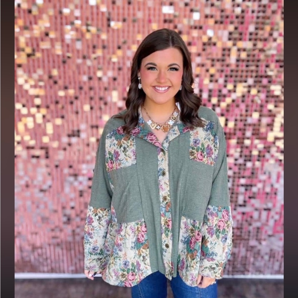 Davi & Dani Floral Patchwork Shacket Jacket 2X Olive Boho Cottagecore NWT